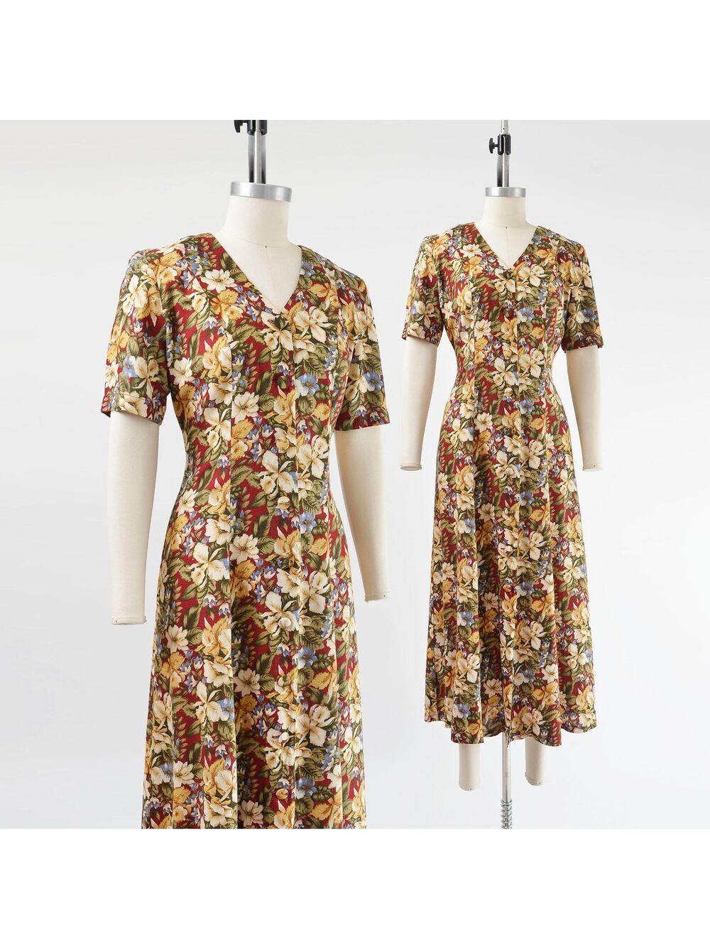 Vintage 90s Floral Fit and Flare Button Down Front Cottagecore Maxi Dress M